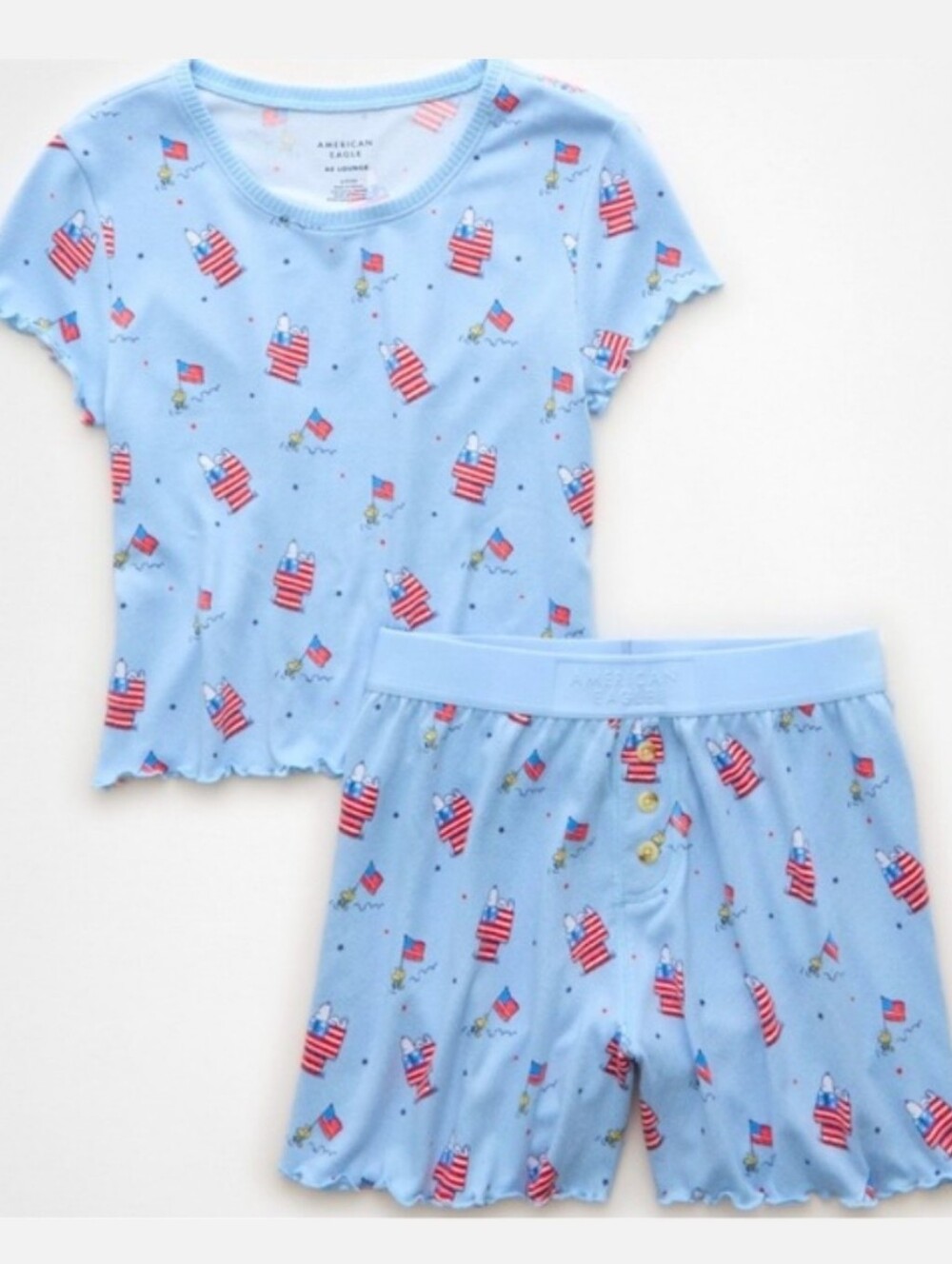 NWT American Eagle PEANUTS Snoopy & Woodstock Flag 2pc Shorts Tee Pajamas Sz S